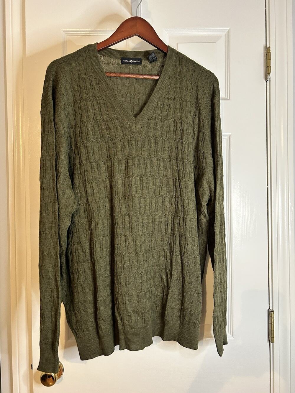 Cotton Traders Olive Wool Blend Cable Knit V Neck Sweater Men XL